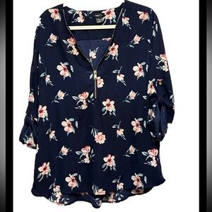 Rue 21 Navy Blue Floral Blouse 3/4 sleeve women’s Large roll up sleeve zip up